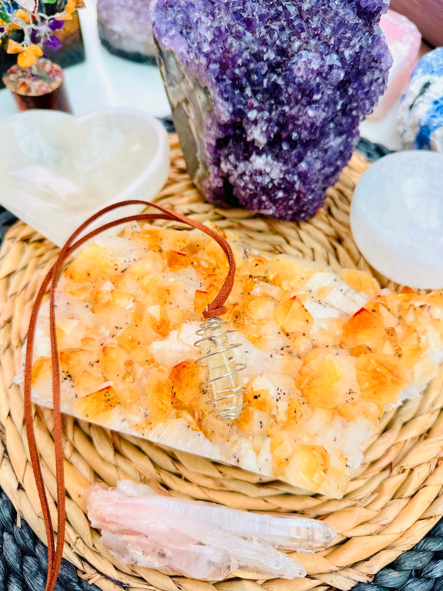 Citrine Boho Spiral Pendants with vegan suede necklace