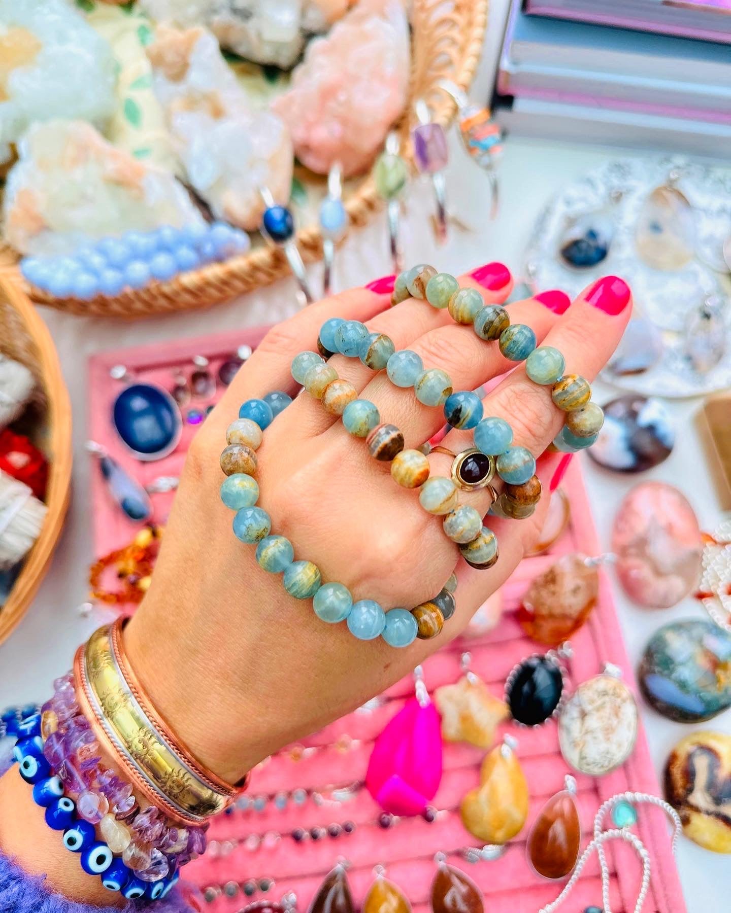 Lemurian Aquatine Calcite Bead Bracelets ๐ฟ๐๐