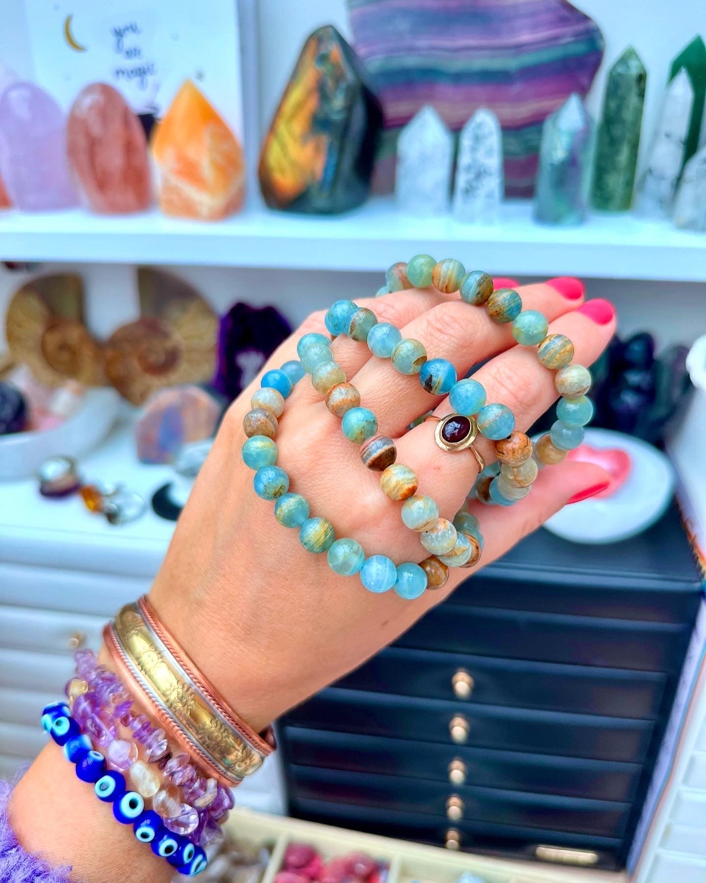 Lemurian Aquatine Calcite Bead Bracelets ๐ฟ๐๐