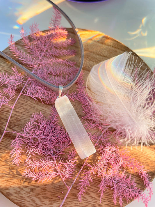 Selenite pendant on vegan suede ๐ค