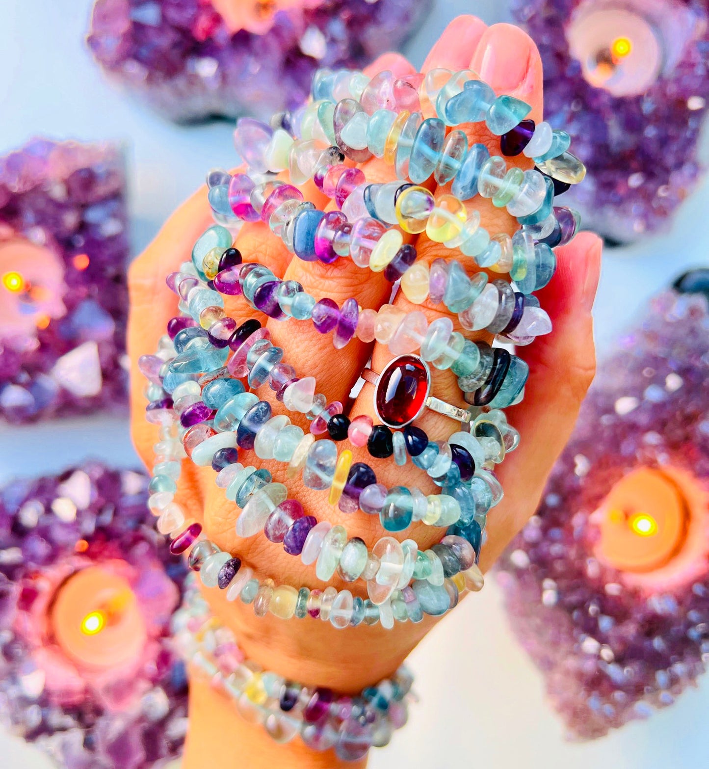 Rainbow Fluorite Jellybean Bracelets ๐