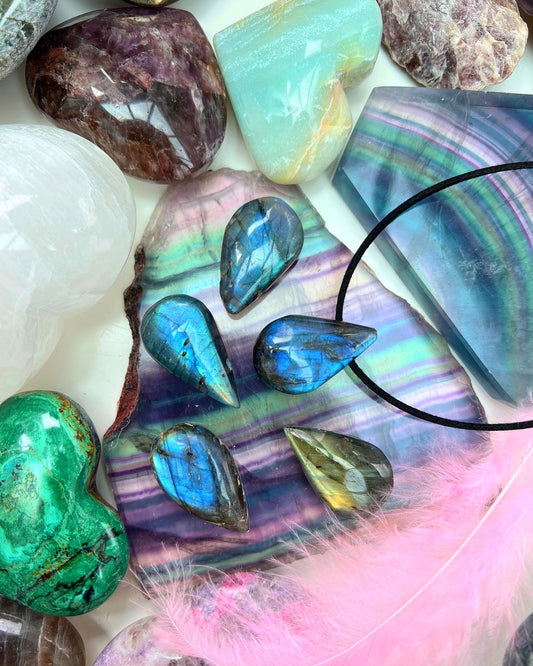 Labradorite Boho pendants โSuper Flashyโ with vegan suede