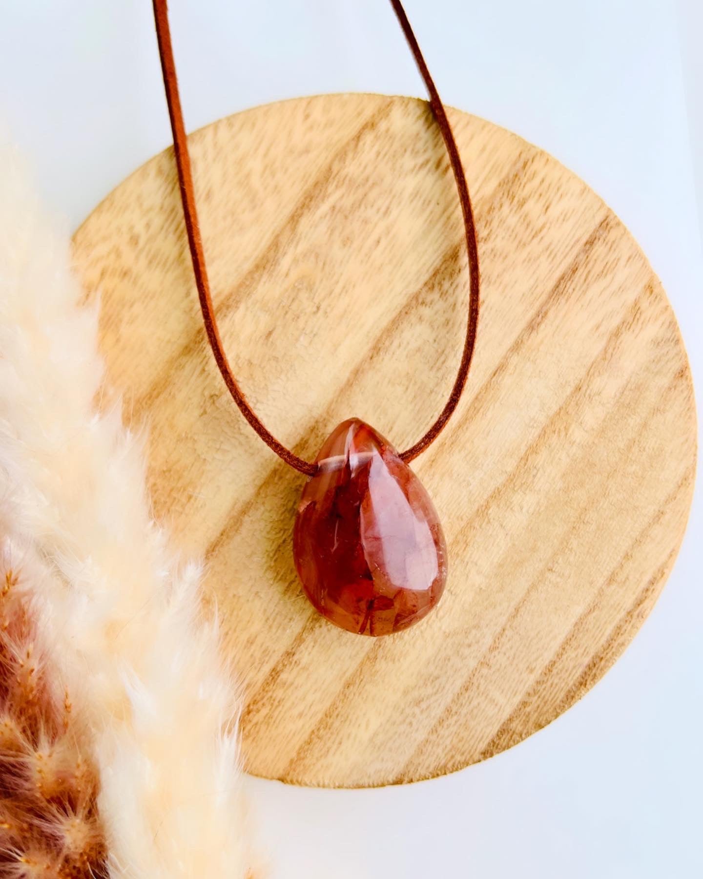 Strawberry Hematoid Quartz Boho pendant on a vegan suede necklace