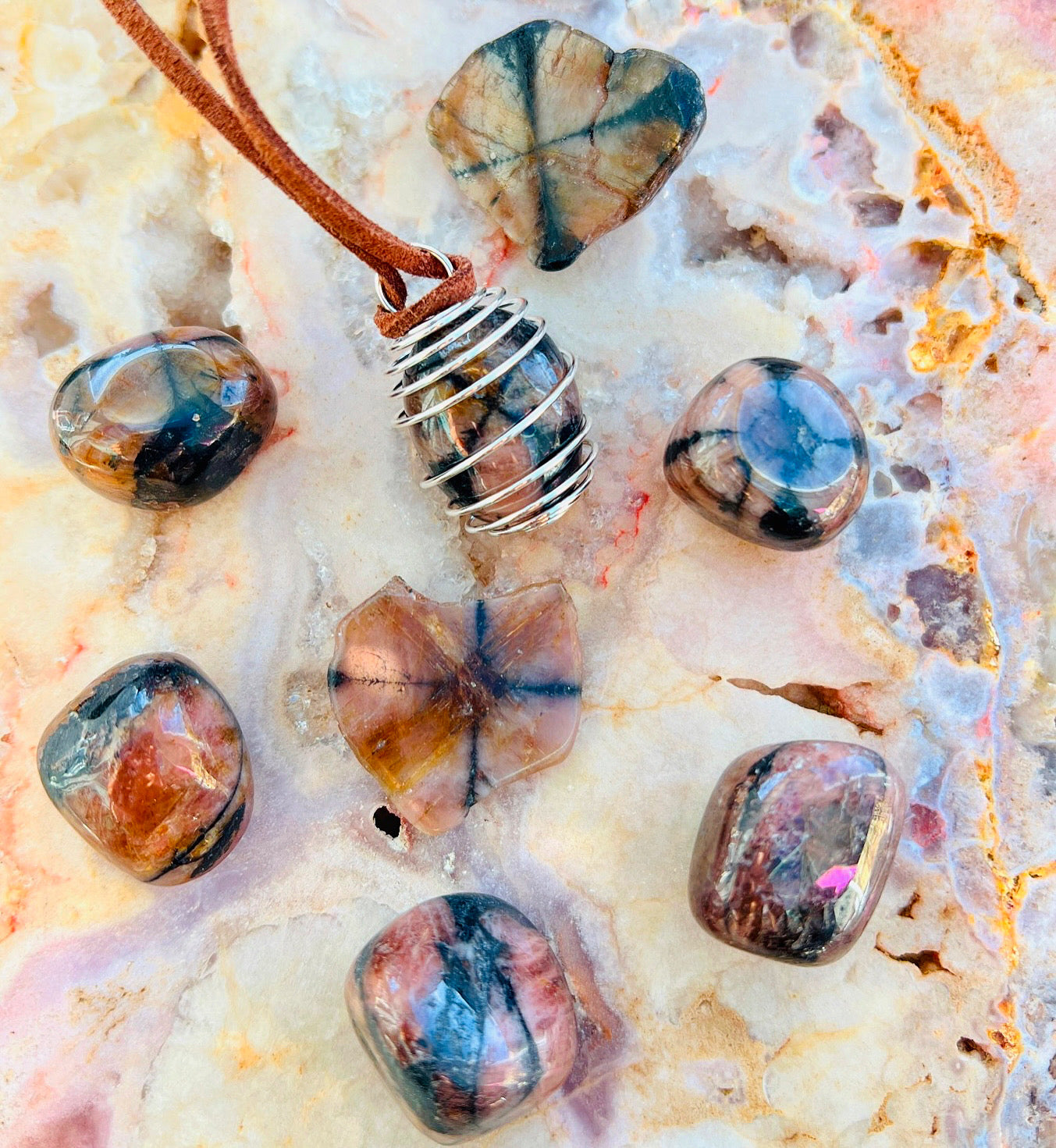 Chiastolite Fairy Cross Crystal Boho with spiral pendant on vegan suede