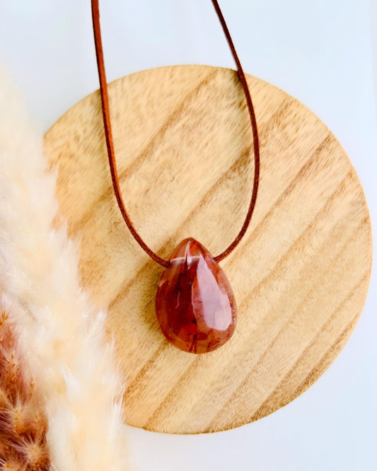 Strawberry Hematoid Quartz Boho pendant on a vegan suede necklace