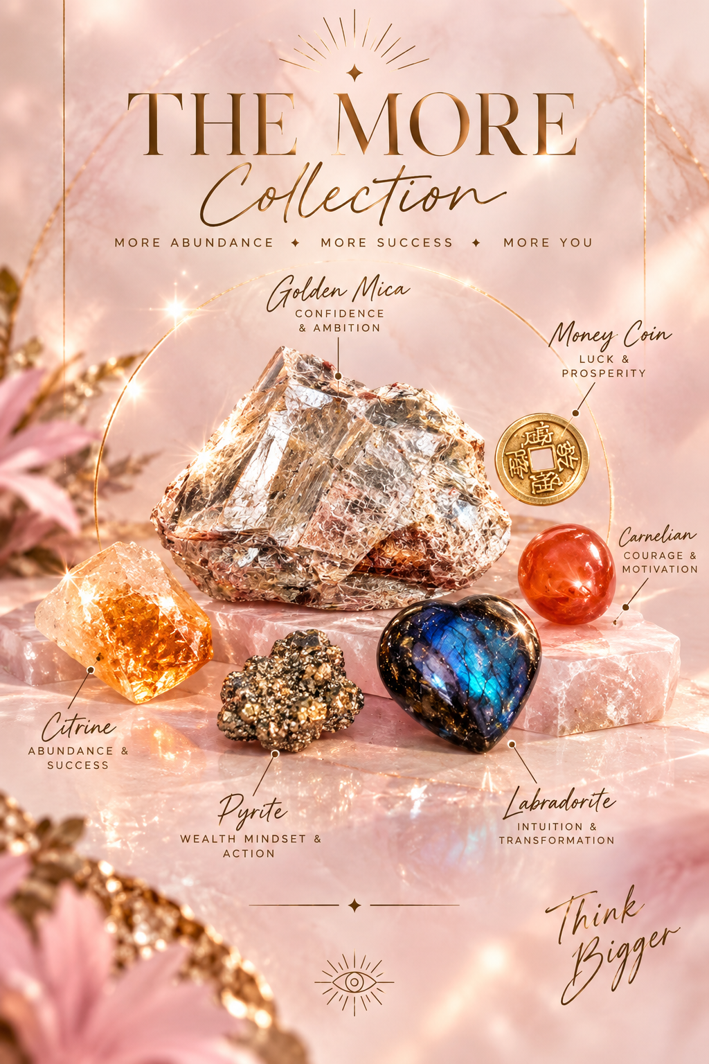 A promotional graphic for a crystal collection titled 'THE MORE Collection' on a soft pink glittery background. Multiple polished and raw crystals are arranged with handwritten-style labels pointing to them, including Golden Mica, Money Coin, Carnelian, Citrine, Pyrite, Labradorite, and a large central crystal.