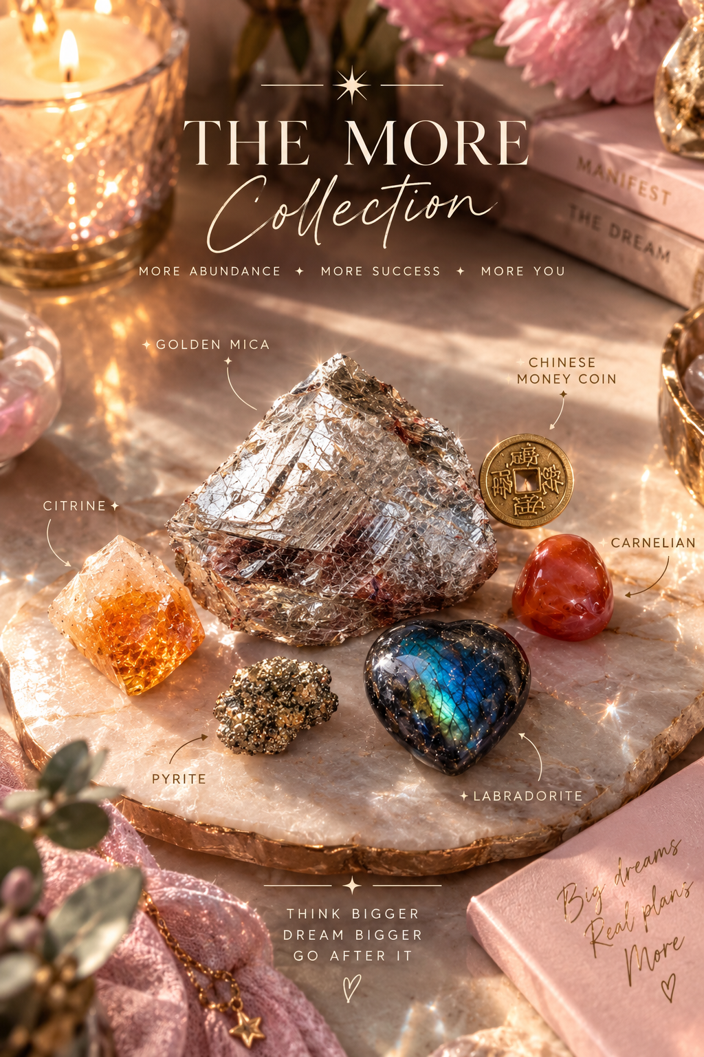 The More crystal collection featuring Golden Mica, Citrine, Pyrite, Labradorite heart, Carnelian and Chinese Money Coin