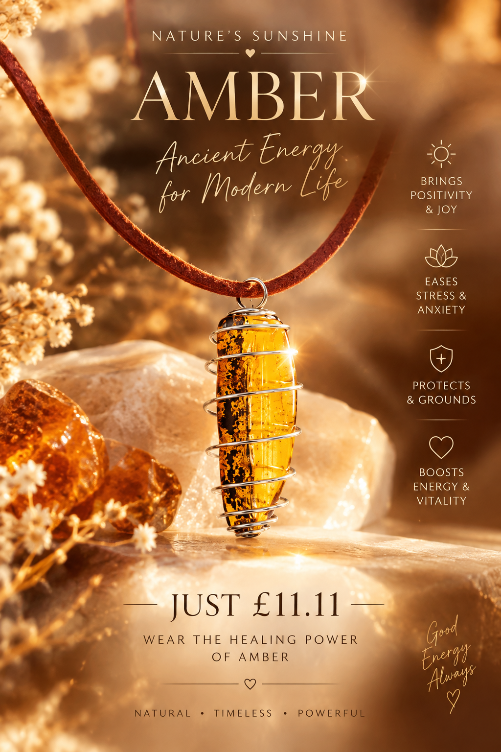 Amber Spiral Pendant on Vegan Suede