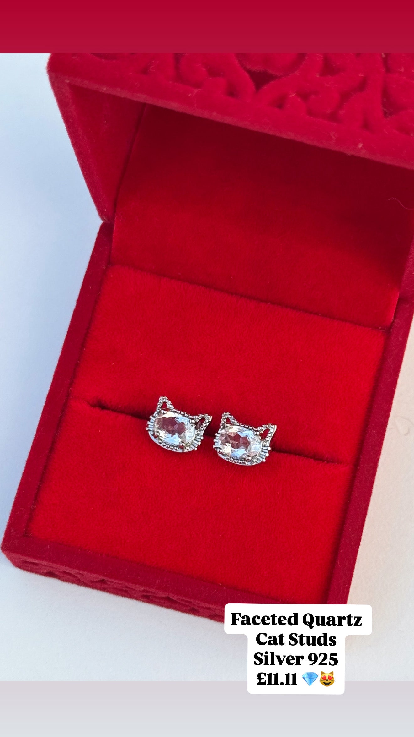 Faceted Quartz Cat Studs ~ Silver 925 💎😻