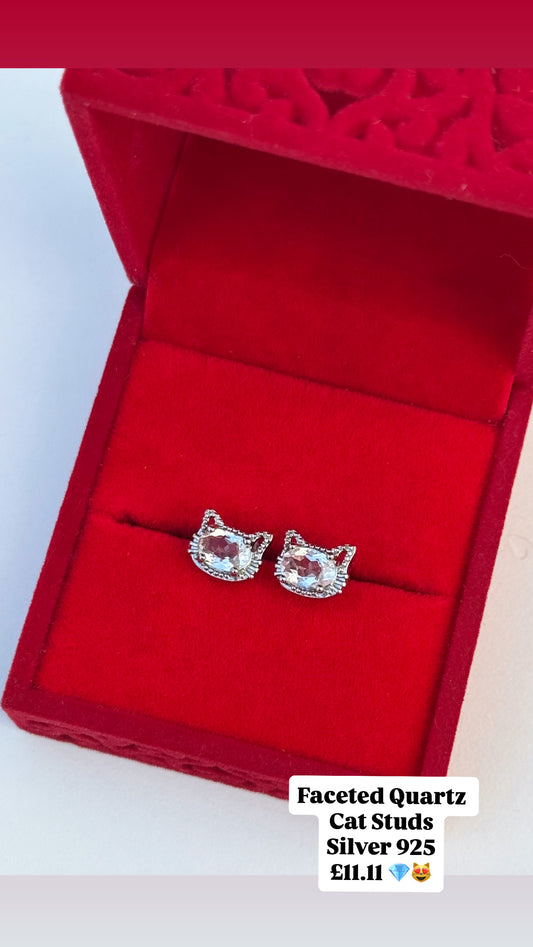 Faceted Quartz Cat Studs ~ Silver 925 💎😻