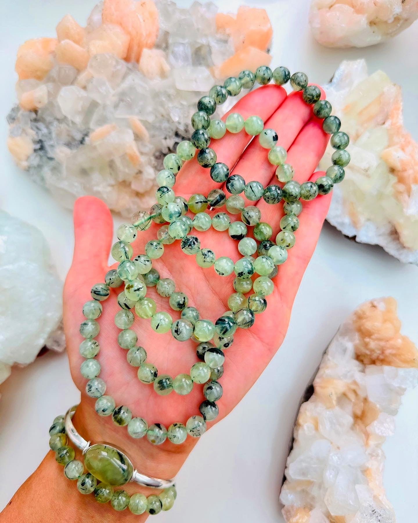 Prehnite with Epidote Bead Bracelets 📿💚🖤