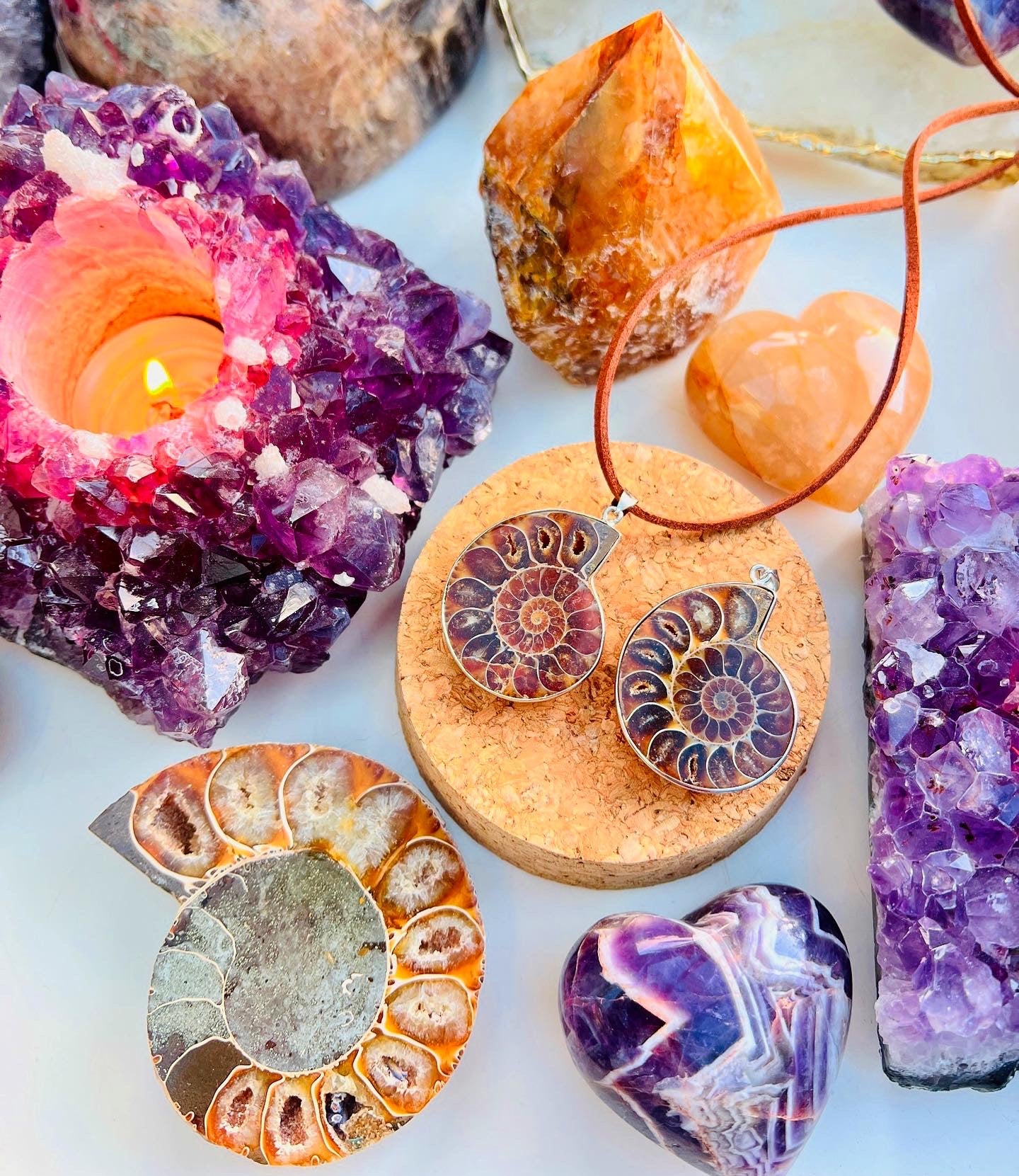 Ammonite Pendants on a Vegan Suede Necklace